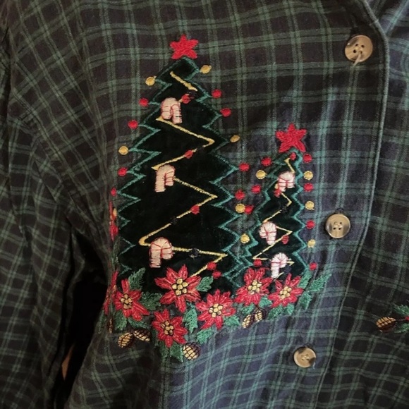 Casey & Max Women’s Large Plaid Felt Trees Button Down Ugly Christmas Shirt - Picture 3 of 4